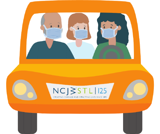 cartoon graphic of dad, mom, and daughter wearing masks and driving in orange car