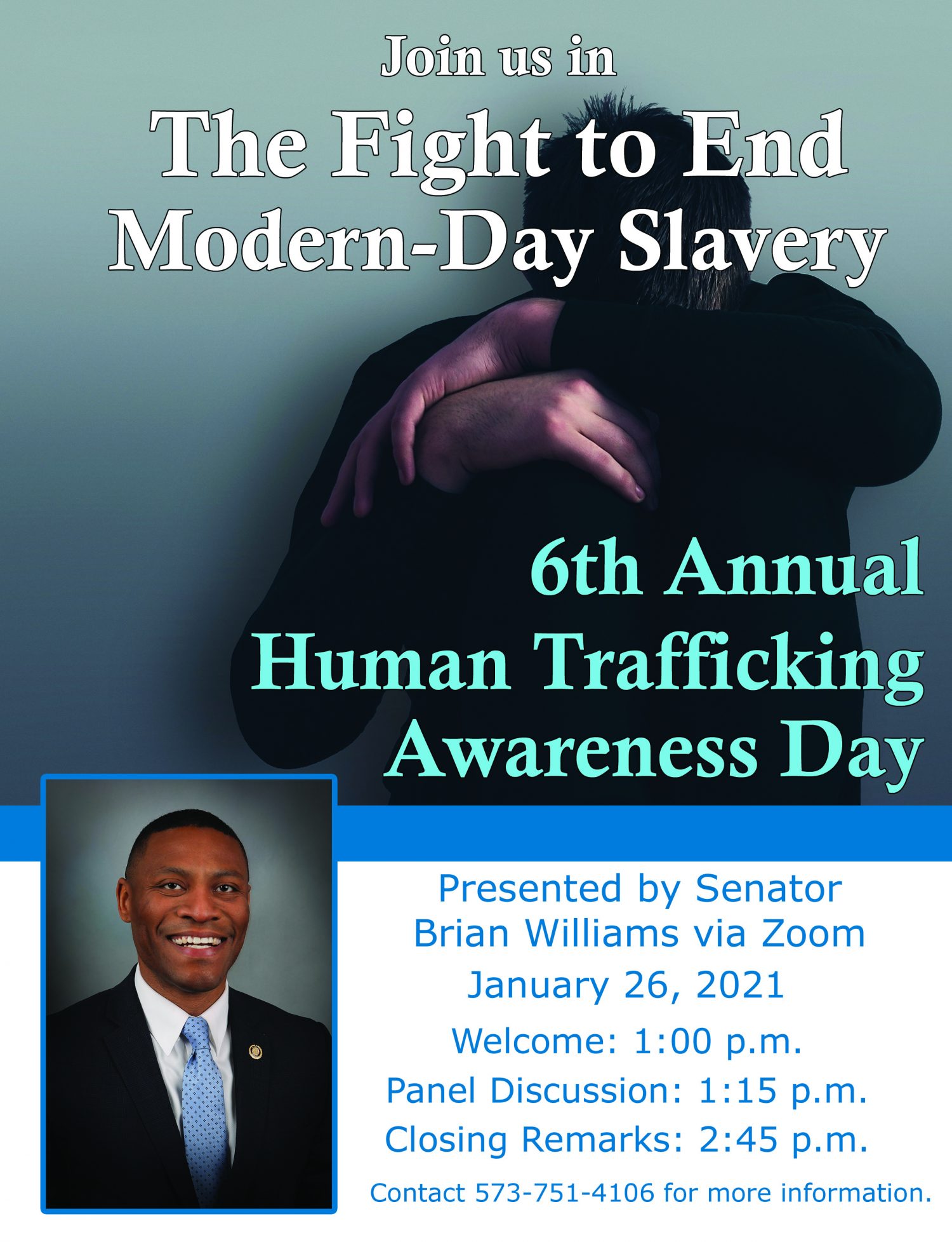 graphic for January 2021 Human Trafficking Awareness Zoom event with Senator Brian Williams headshot