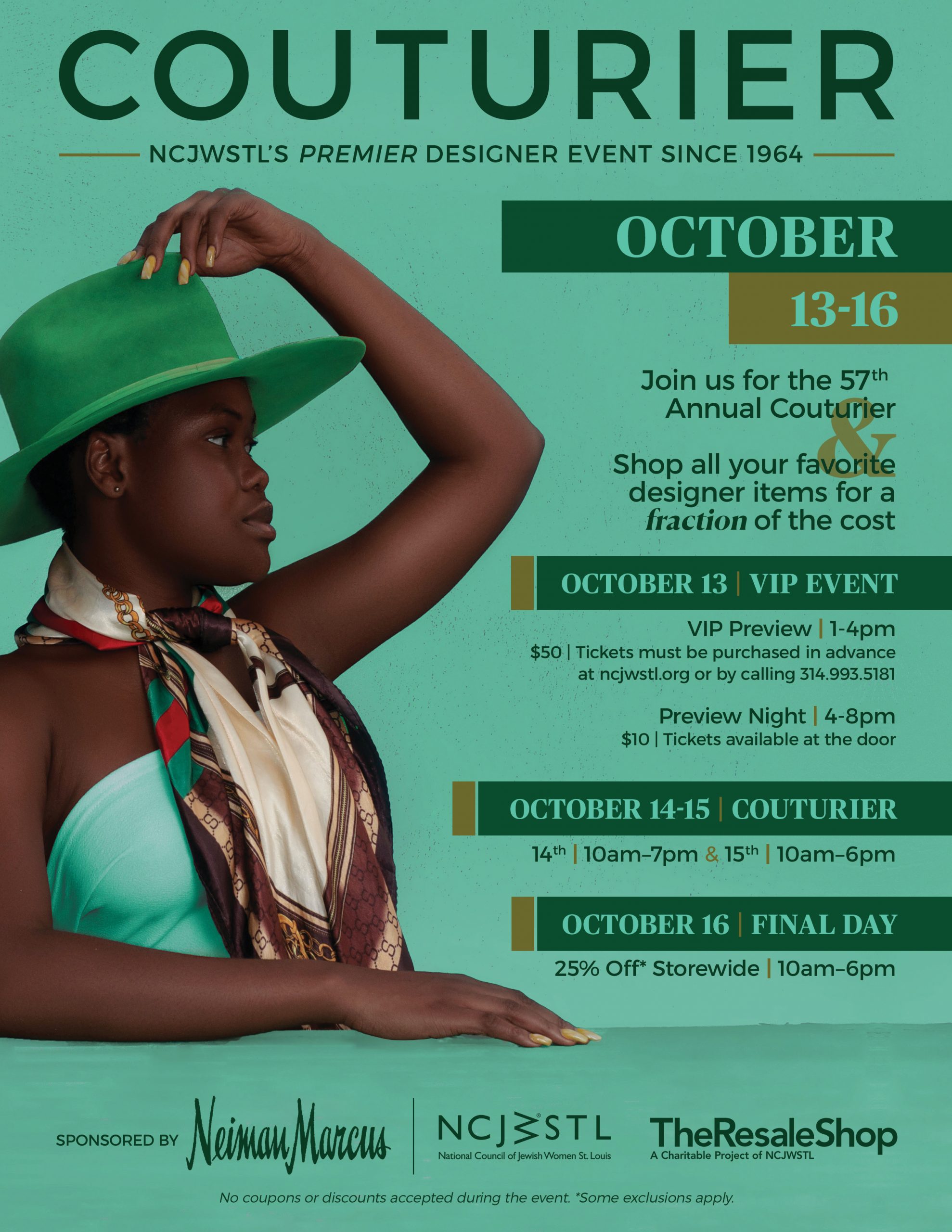 green 2021 Couturier flyer with event information and Black model in designer dress, scarf, hat