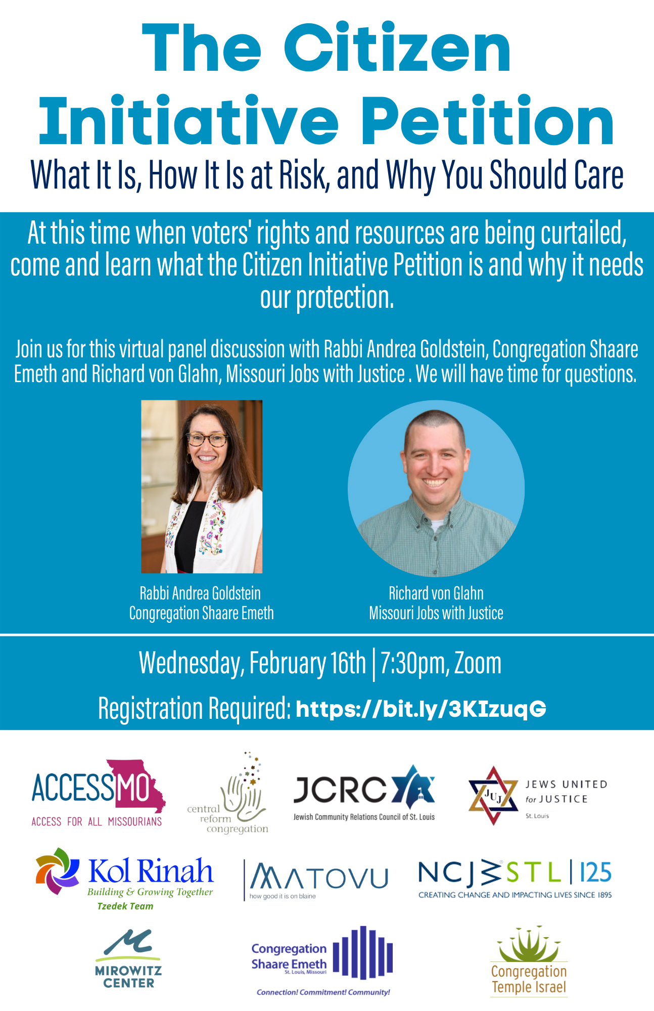 promotional graphic for February 2022 Zoom event "The Citizen Initiative Petition" with headshots of Rabbi Andrea Goldstein and Richard von Glahn