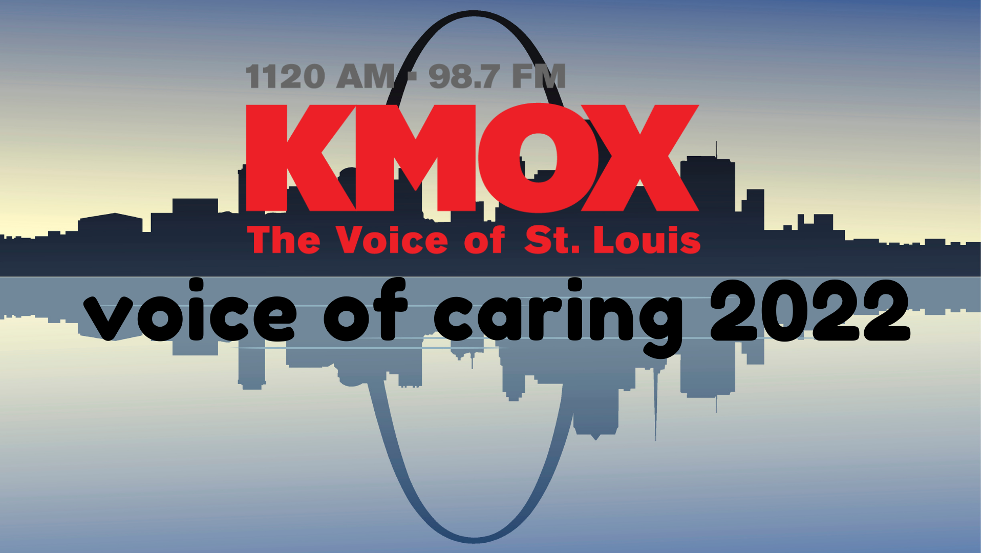 KMOX logo with silhouette of St. Louis skyline and reflection in river