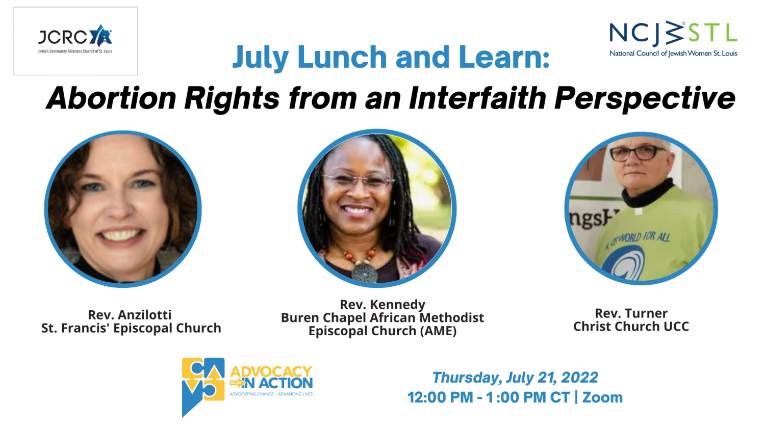 July 2022 Lunch and Learn graphic with title "Abortion Rights from an Interfaith Perspective" and headshots of Rev. Anzilotti, Rev. Kennedy, and Rev. Turner