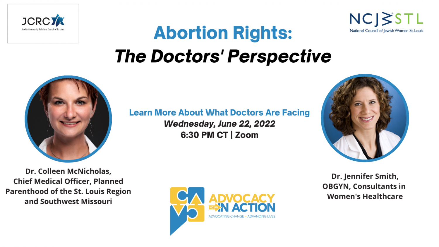 June 2022 Lunch & Learn graphic with title "Abortion Rights: The Doctors' Perspective" and headshots of Dr. Colleen McNicholas and Dr. Jennifer Smith