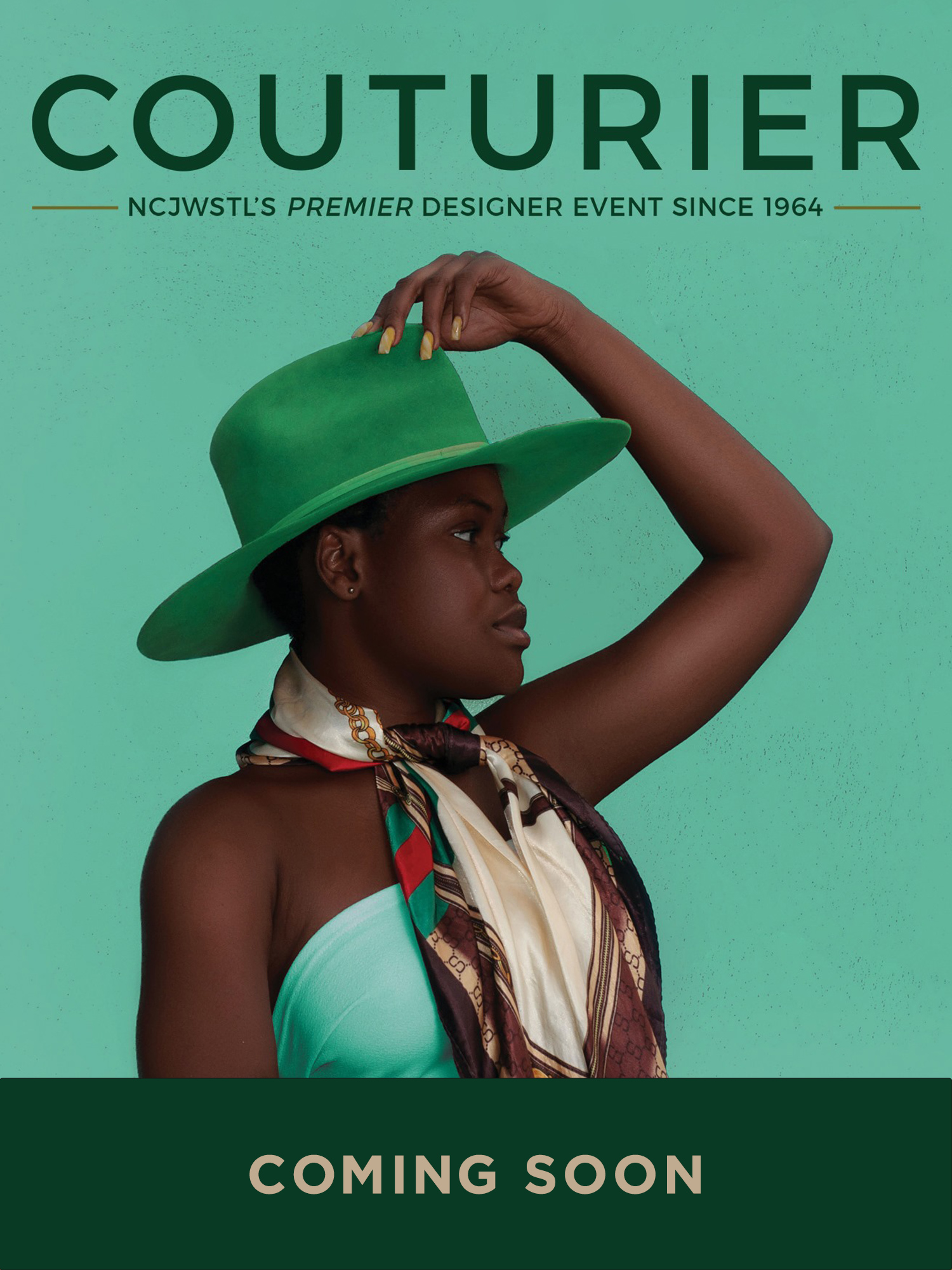 green "Coming Soon" graphic for 2022 Couturier featuring Black female model in designer dress, scarf, and hat