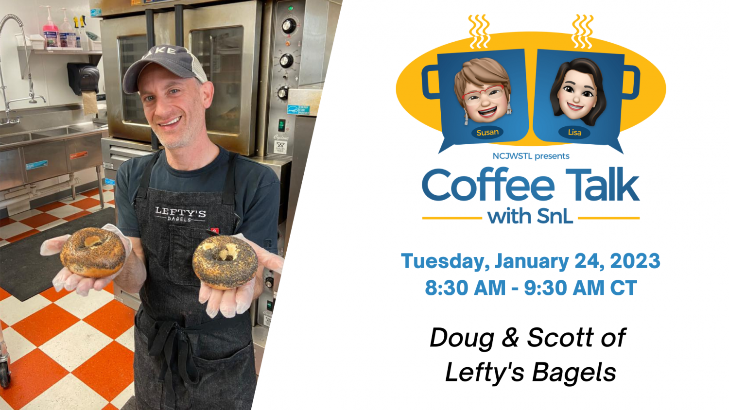 January 2023 Coffee Talk graphic with photo from Lefty's kitchen