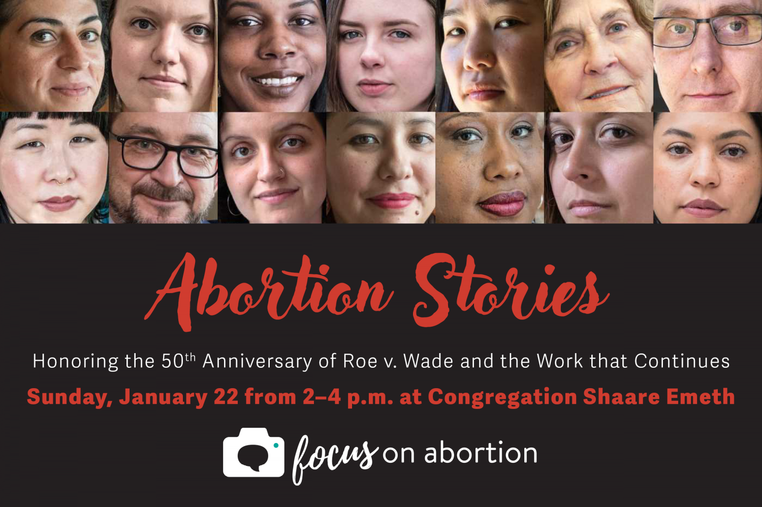 Abortion Stories graphic featuring portraits from photo exhibit